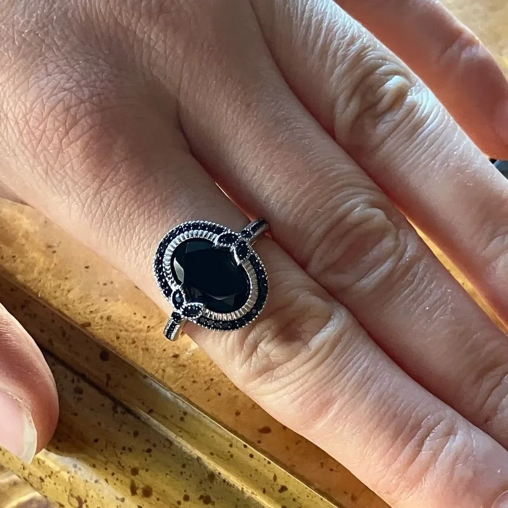 Natural Black Spinel Sterling Silver Ring Size 10
